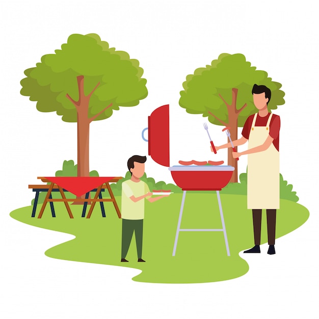 Vector avatar boy and man in a bbq grill