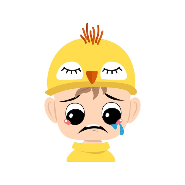 Avatar of boy with big eyes and crying and tears emotion sad face depressive eyes in chicken hat child with melancholy expression for easter new year or costume for party vector flat illustration