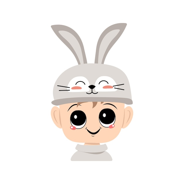 Avatar of boy with big eyes and wide happy smile in cute rabbit
hat with long ears. head of child with joyful face for holiday
easter, new year or carnival costume for party. vector flat
illustration