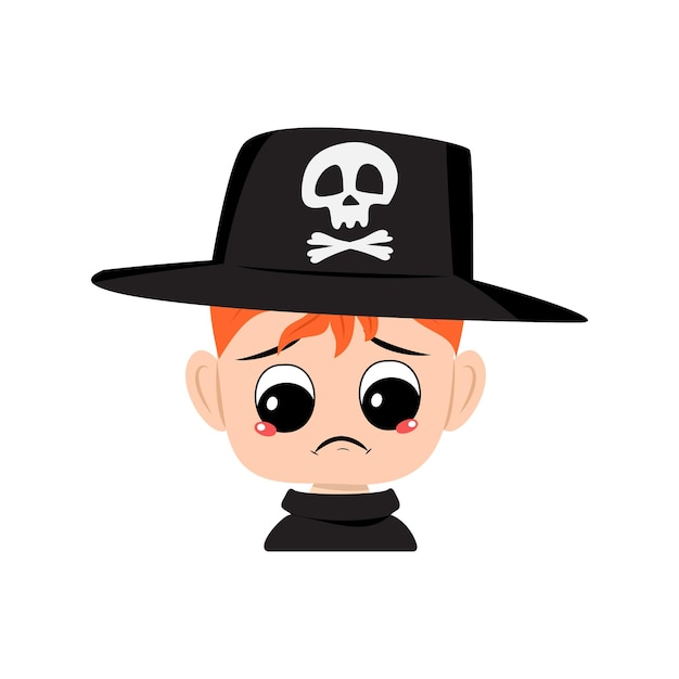 Avatar of boy with red hair crying and tears emotion sad face depressive eyes in hat with skull