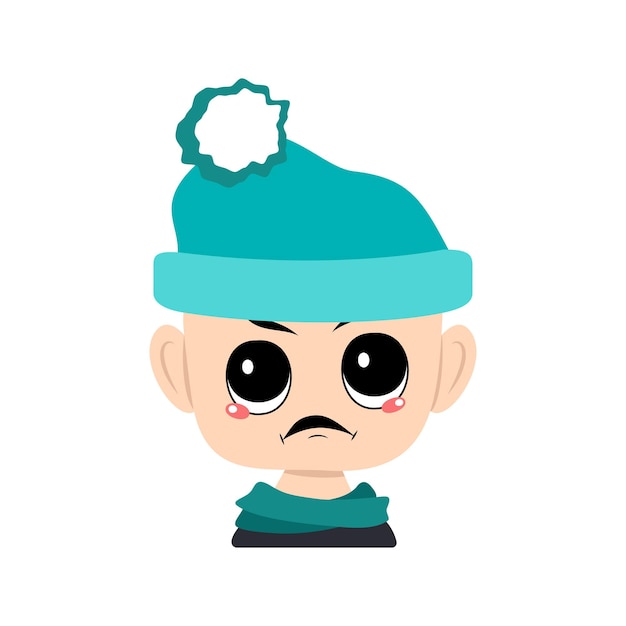 Avatar of child with big eyes and angry emotions grumpy face furious eyes in blue hat with pompom he...