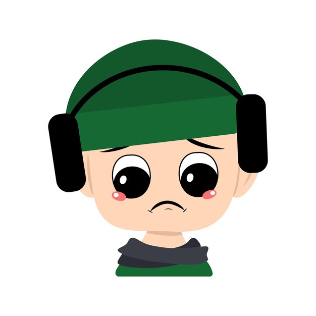 Avatar of child with big eyes and sad emotions depressed face\
down eyes in green hat with headphones...