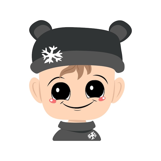 Avatar of a child with big eyes and a wide smile in a bear hat with a snowflake a cute kid with a jo