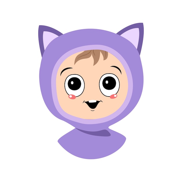 Avatar of a child with big eyes and a wide smile in a cat hat a cute kid with a joyful face in an au...