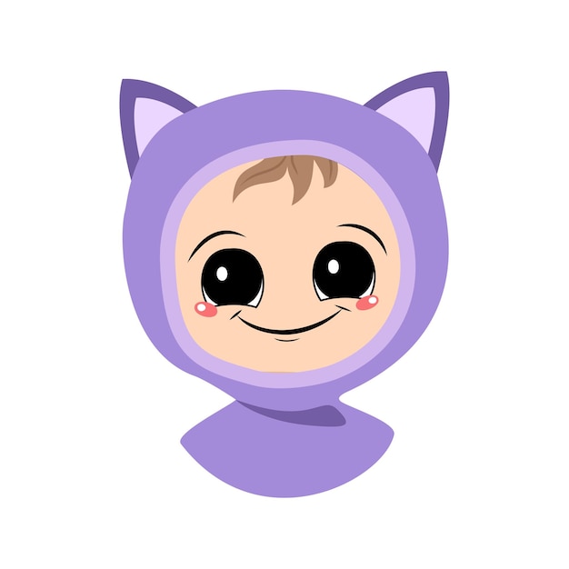 Vector avatar of a child with big eyes and a wide smile in a cat hat a cute kid with a joyful face in an au...