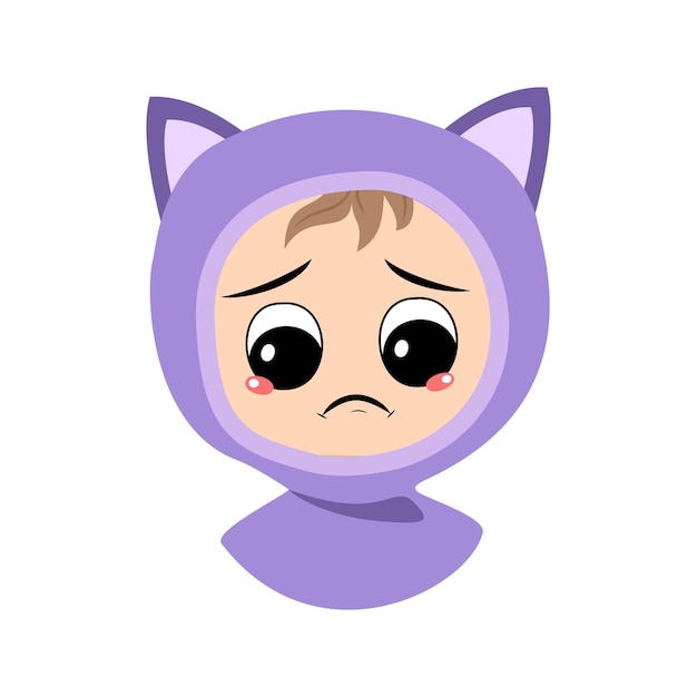 Avatar of child with crying and tears emotion sad face
depressive eyes in cat hat cute kid with mela...