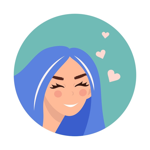 Vector avatar in the circle of a cute smiling girl with blue hair