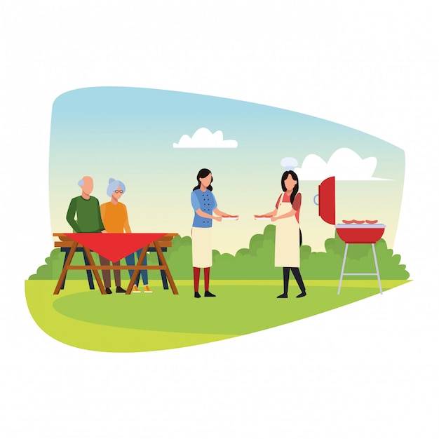 Vector avatar family in a bbq and picnic