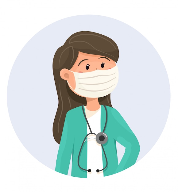 フェイスマスクを持つ女性医師のアバター。漫画のスタイルのイラスト。