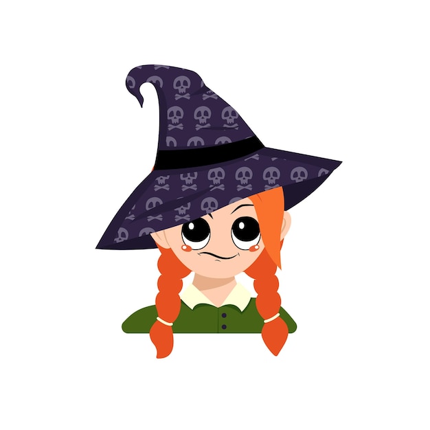 Avatar of girl with big eyes and suspicious emotions in a pointed witch hat with skull. The head of a toddler with face. Halloween party decoration