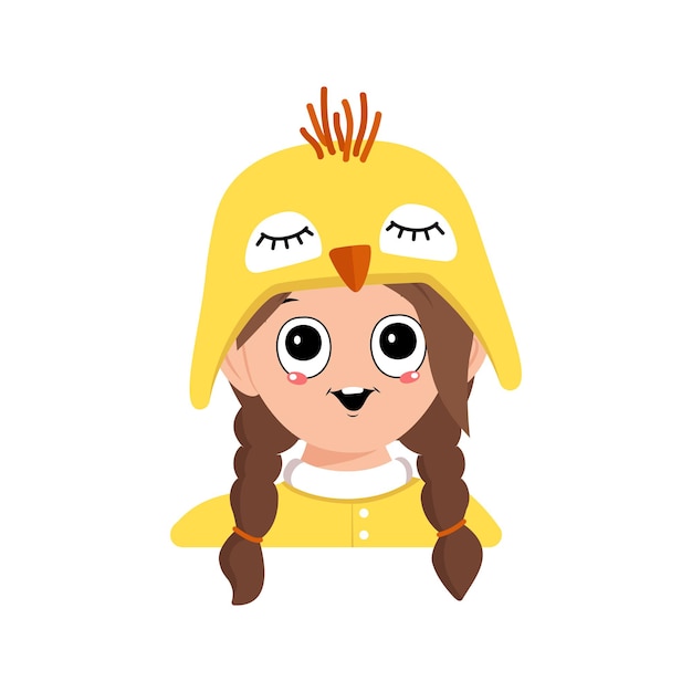 Avatar of girl with big eyes and wide happy smile in cute yellow chicken hat. head of child with joyful face for holiday easter, new year or costume for party. vector flat illustration