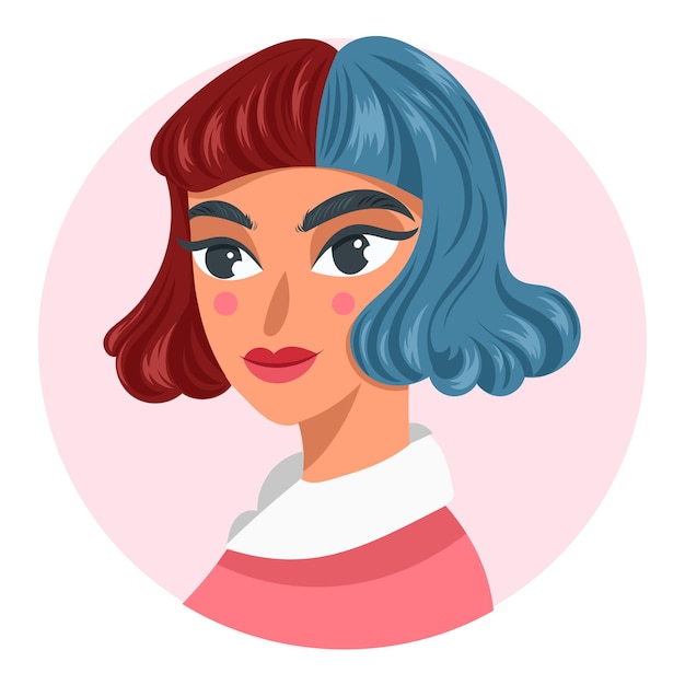 Вектор Девушка-аватар с красными и синими волосами, милая красавица для обложки или профиля в стиле социальных сетей