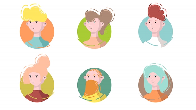 Avatar icon set zijaanzicht. geïsoleerde mannelijke en vrouwelijke portretten op een cirkel in moderne lineaire vlakke stijl. social media template userpic en profielen.