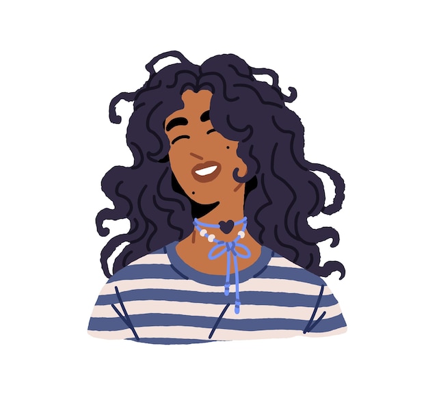 Avatar of Latin girl with closed eyes and smile Portrait of happy young woman with wavy hair and cute face Positive female user profile Flat isolated vector illustration on white background