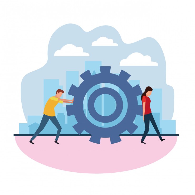 Vector avatar man and woman pushing a gear wheel, teamwork concept