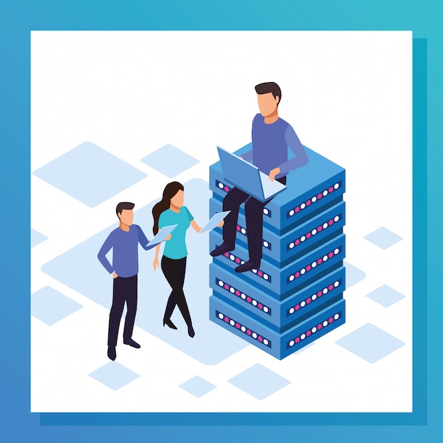 Avatar man zittend op datacenter en mensen staan