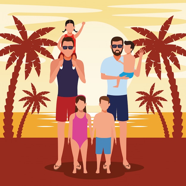 Avatar mannen met kleine kinderen op het strand, kleurrijk ontwerp