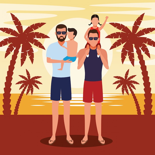 Avatar mannen met kleine kinderen op het strand, kleurrijk ontwerp