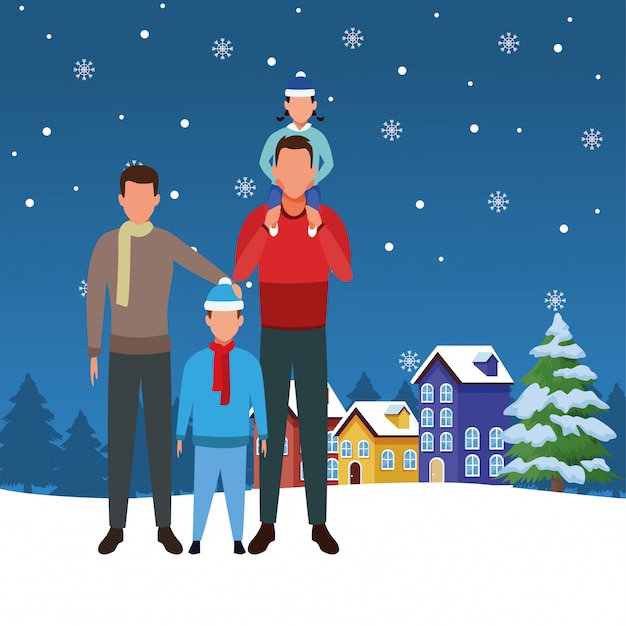 Avatar men with kids, merry christmas illustration