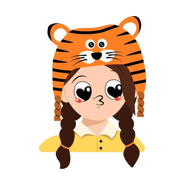Аватарка девушки с большими сердечными глазами и поцелуями в губы в тигровой шапке милый малыш с радостным лицом в праздничном ...