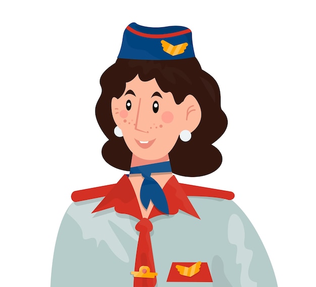 Vector avatar of portret van vrouwelijke piloot-stewardess-dirigent of bewaker op een witte geïsoleerde achtergrond