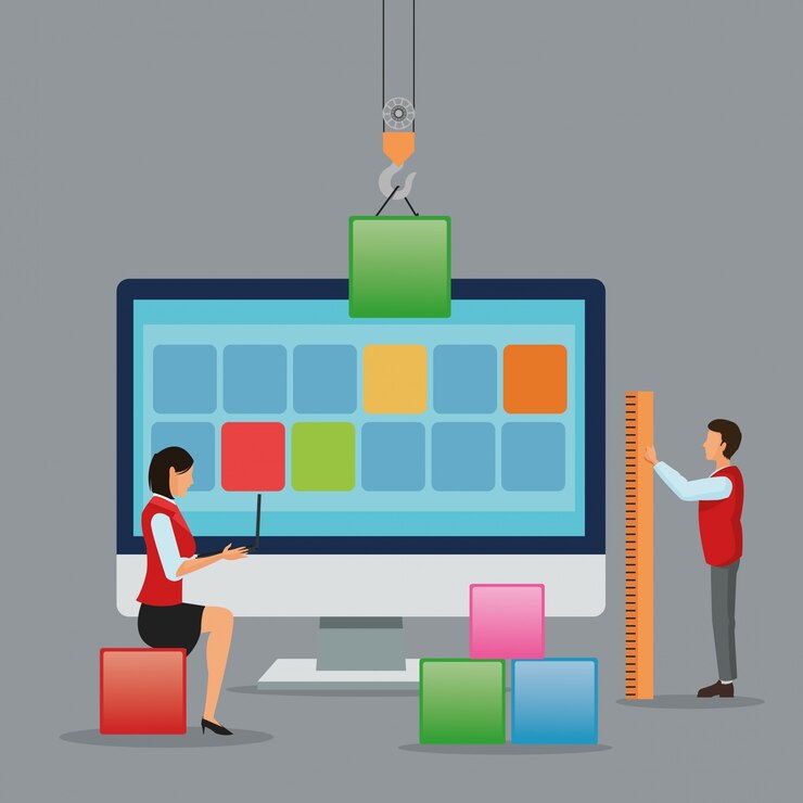 Vector avatar people with blocks and computer icon