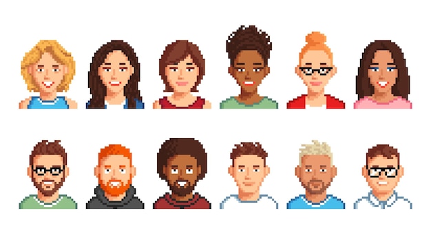 Icone di avatar pixel caratteri giovani uomini e donne