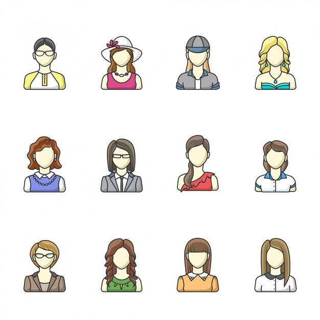 Avatar set of different woman character in line style. female, girl, business woman avatars.