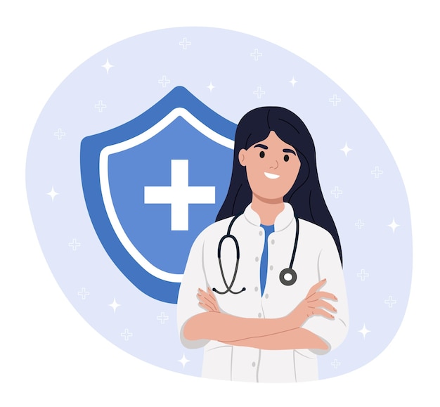 Avatar smiling female doctor Medical consultation online Shield health care concept Health insurance concept Immune system shield