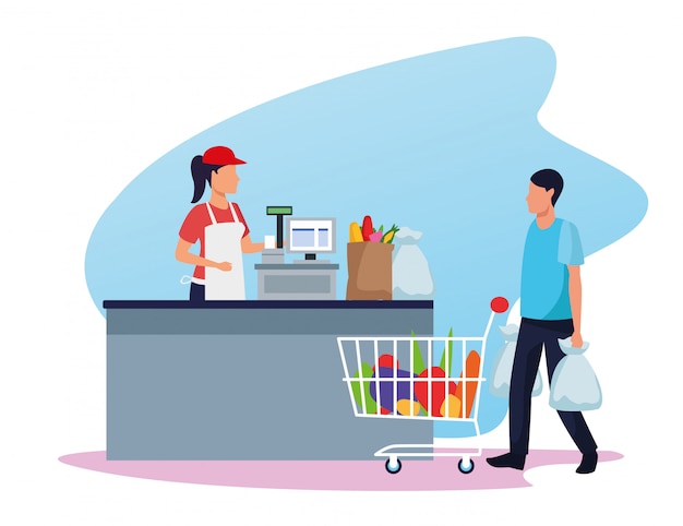 Lavoratore del supermercato avatar al registratore di cassa e cliente con una macchina del supermercato piena di generi alimentari