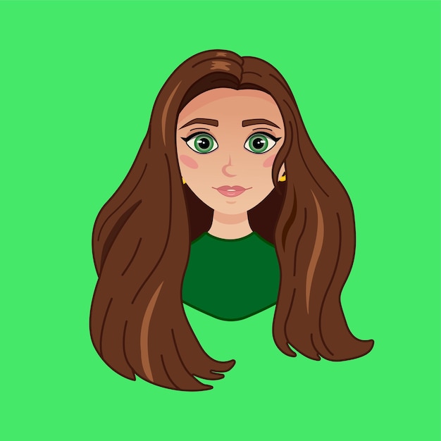 Vector avatar van een meisje met lang haar en groene ogen.