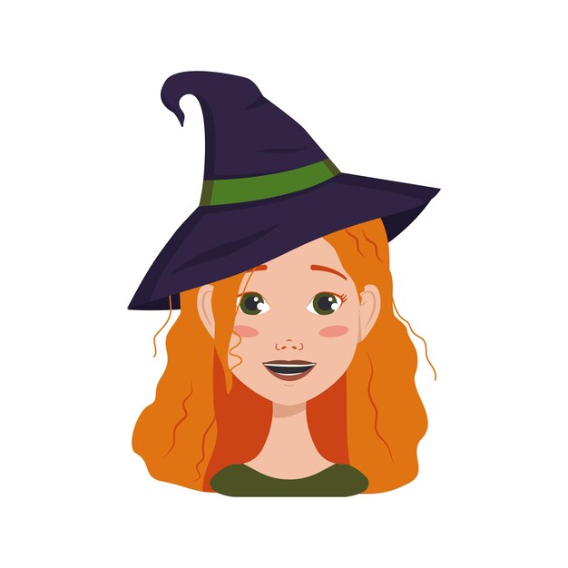 Avatar van een vrouw met rood krullend haar, emoties van vreugde en geluk, glimlachgezicht en het dragen van een heksenhoed. meisje met sproeten in een pak voor halloween