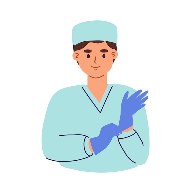 Avatar van jonge glimlachende arts die handschoenen aantrekt. Portret van vriendelijke chirurg in medische scrubs en pet. Platte vectorillustratie van medic werknemer of beoefenaar geïsoleerd op een witte achtergrond.