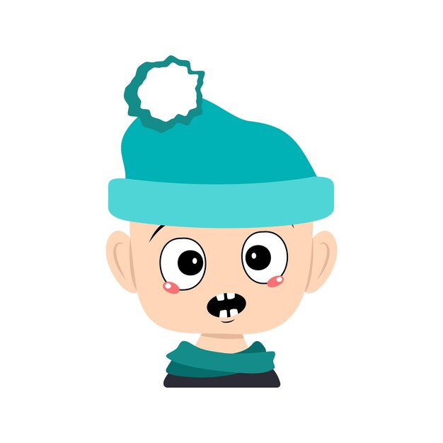 Vector avatar van kind met emoties paniek verrast gezicht geschokte ogen in blauwe hoed met pompon hoofd van peuter...