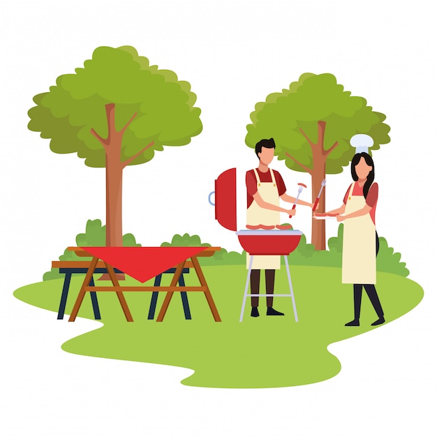 Vector avatar woman and man cooking in a bbq grill