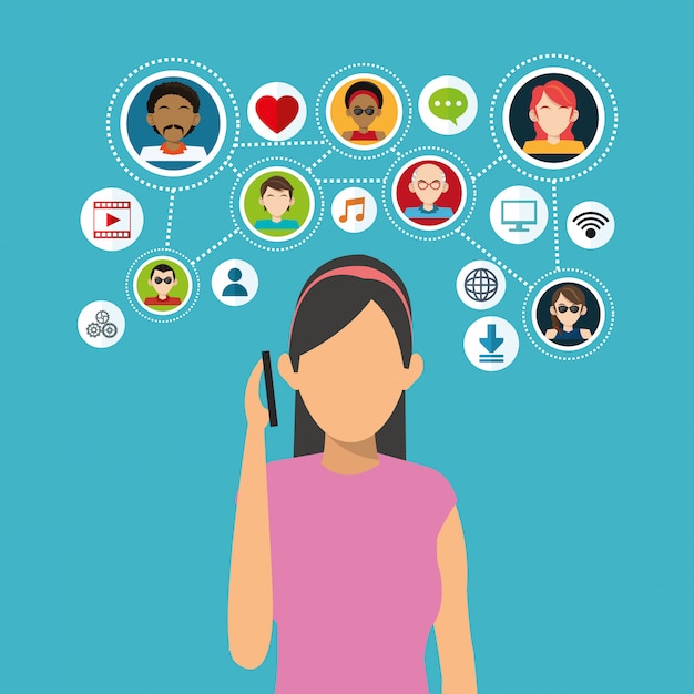 Avatar woman and social network icon set