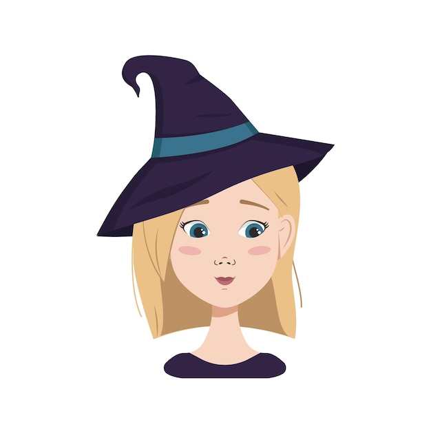 Avatar of a woman with blonde hair and blue eyes, shyness emotions, embarrassed face and downcast eyes and wearing a witch hat. Girl in Halloween costume