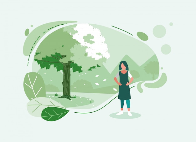 Vector avatar woman with tree and leaves