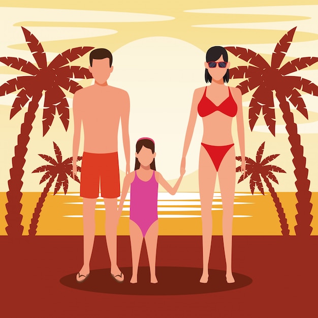 Vector avatar young couple and girl wearing swimsuit