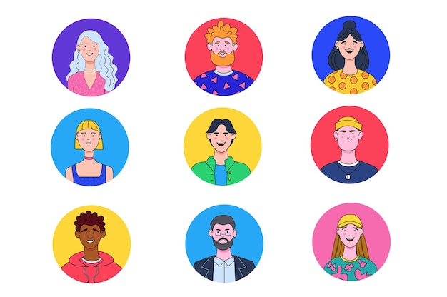 Avatars icons in the flat cartoon design Colorful images of avatars with young people