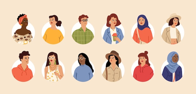 Avatars mensen Casual stijlvolle vrouw man Cartoon portretten tieners meisje jongen Afro-Amerikaanse europese arabische vector tekens