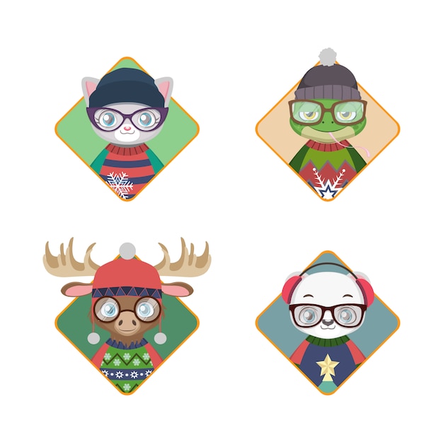 Avatars van hipster dieren in lelijke kerst sweaters