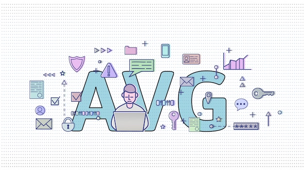 AVG in Nederland. Algemene verordening gegevensbescherming. Computergebruiker tussen internet- en mediasymbolen met grote AVG-letters erachter. GDPR, AVG, DSGVO. illustratie. Horizontaal.