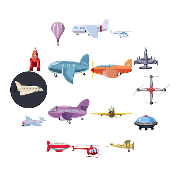 Aviation icons set, cartoon style