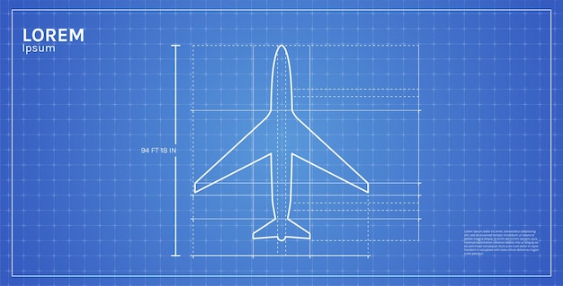 航空産業の寸法図面の青写真とアウトライン airpline 上面図。