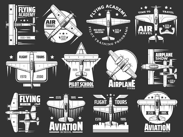 Vector aviation school and academy icons airplane pilot