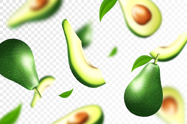 Avocado achtergrond Vliegende hele helft en plakjes verse avocado Ongericht en wazig effect Kan gebruikt worden voor behang banner print inpakpapier Realistische 3D vector illustratie