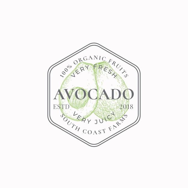 Avocado boerderij Frame Badge of Logo sjabloon Hand getrokken Fruit met segment schets met retro typografie en randen Vintage Premium cirkel embleem