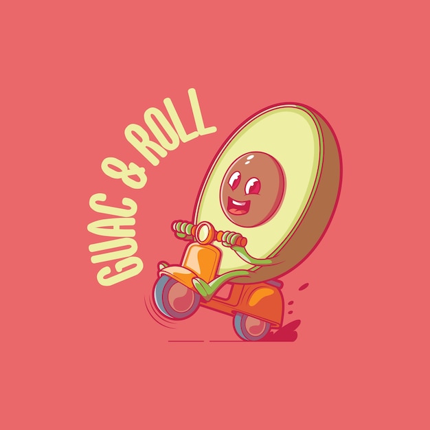 Персонаж авокадо на векторной иллюстрации мотоцикла. Смешно, еда, концепция дизайна питания.