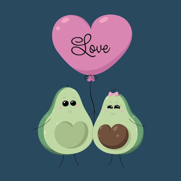 Coppia di avocado innamorata di un grande palloncino illustrazione vettoriale disegnata a mano con amore nel design dei cartoni animati